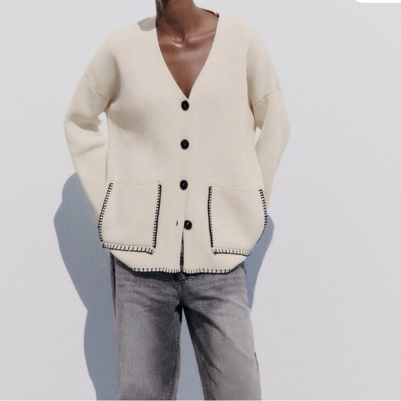 Zara Sweaters - 🆕 Zara Knit Cardigan With Contrast Topstitching in Cream